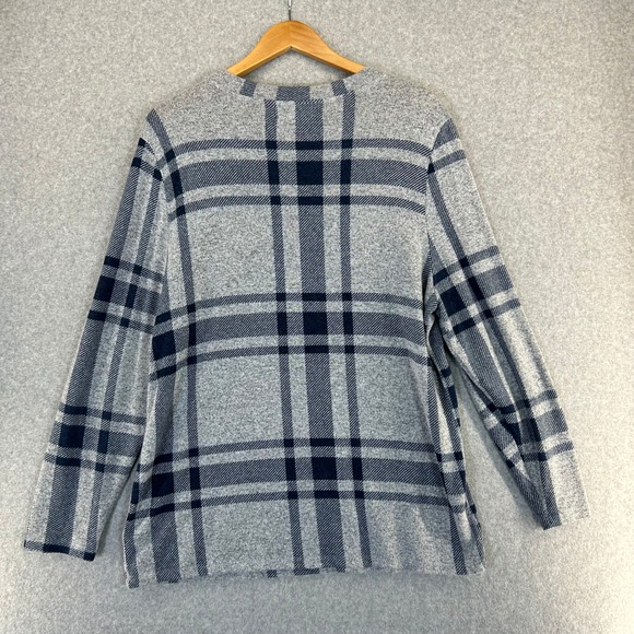 Anthropologie Gray Navy Blue Plaid Sweater Preppy Casual Crew Neck‎ Womens XL - Picture 7 of 13